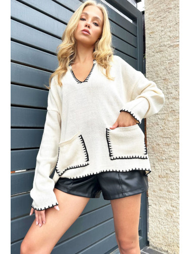 Trend Alaçatı Stili Women's Cream V Neck Embroidery Detailed Double Pocket Knitwear Sweater