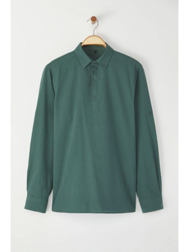 Trendyol Dark Green Regular Fit Half Placket 100% Cotton Flame Shirt