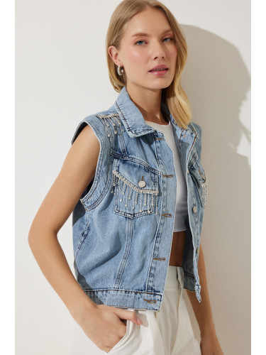 Happiness İstanbul Women's Blue Stylish Chain Denim Vest