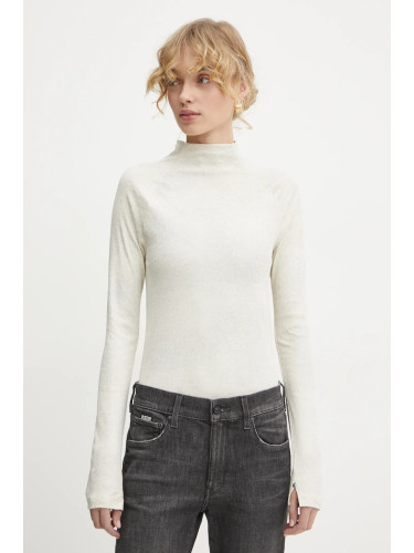 Памучна блуза с дълги ръкави G-Star в бежово с ниско поло D25069-D799