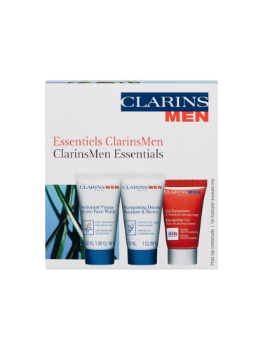 Clarins Men Essentials Подаръчен комплект почистващ гел Active Face Wash 30 ml + шампоан и душ гел Shampoo & Shower 30 ml + гел за лице Energizing Gel 12 ml