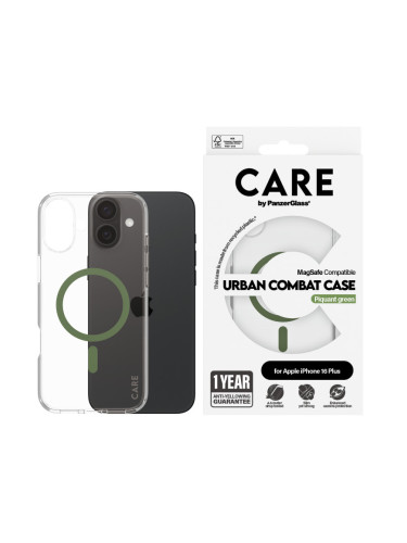 Гръб CARE by PanzerGlass за iPhone 16 Plus, Flagship Case Urban Combat w. Green MagSafe