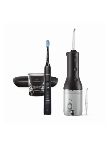 Комплект Орален душ Power Flosser 3000 Interdental и Звукочестотна четка DiamondClean 9000 черни