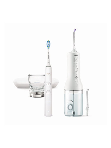 Комплект Орален душ Power Flosser 3000 Interdental и Звукочестотна четка DiamondClean 9000 бели