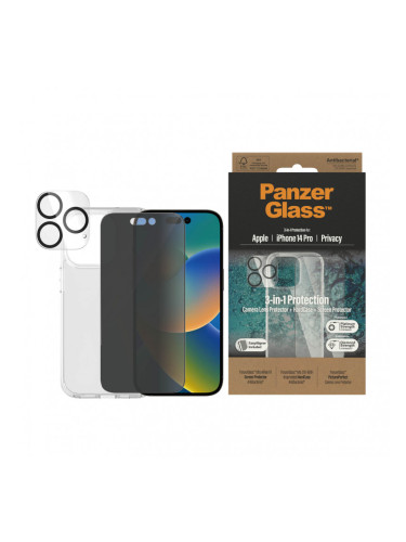 Стъклен протектор Privacy PanzerGlass iPhone 14 Pro Bundle (UWF Privacy screen protector, HardCase, протектор за камераt)