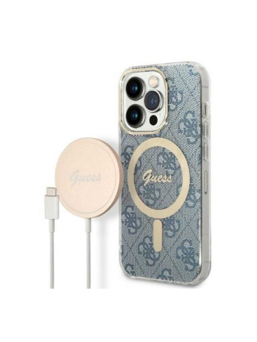 Гръб Guess 4G MagSafe Compatible Case + Зарядно Wireless Charger за iPhone 14 Prо - Син