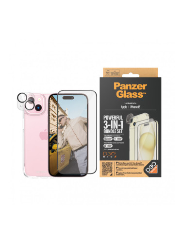 Стъклен протектор PanzerGlass за Apple iPhone 15 UWF Bundle (UWF screen protector, HardCase, протектор за камера)