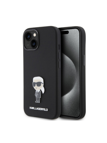 Гръб Karl Lagerfeld Liquid Silicone Metal Ikonik Case за iPhone 15 - Черен