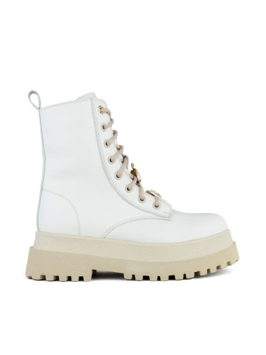 Дамски кожени боти в бяло и бежово с украшения на връзките w409