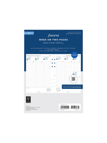 Filofax Пълнител за органайзер Classic, А5, за 2025 година, 1 седмица на 2 страници, вертикален
