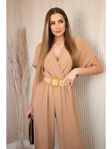 Kesi Włoski Overalls with a decorative belt at the waist Camel