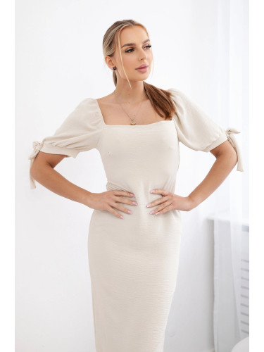 Women's dress gathered at the back with tie-up sleeves - beige