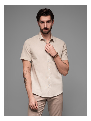 Ombre Men's short-sleeved linen-cotton shirt with pocket - beige