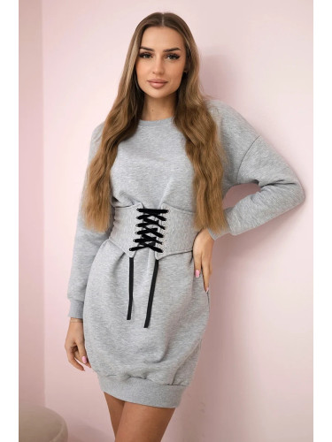 Insulated dress with a decorative belt in gray color