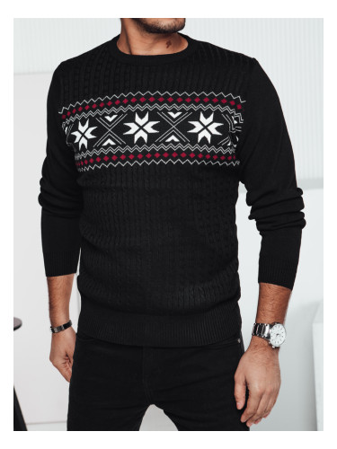 Мъжки черен пуловер с шарка на снежинка