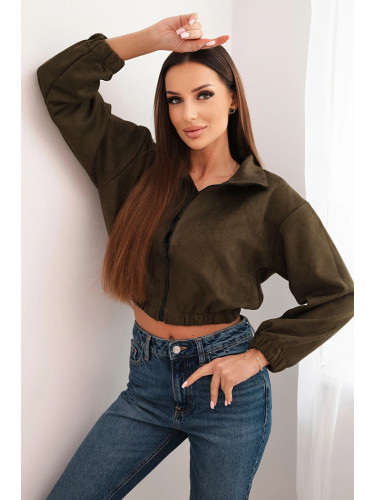 Suede zip-up sweatshirt in khaki color
