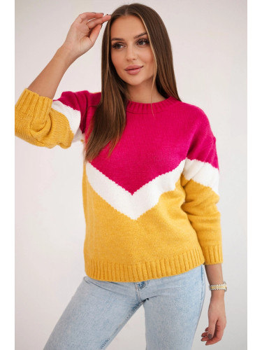 Sweater with geometric fuchsia + mustard patterns