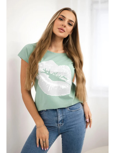 Blouse with dark mint lip print