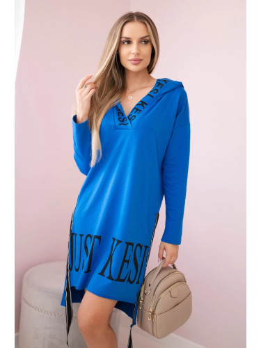 Hooded dress with a purple-blue print