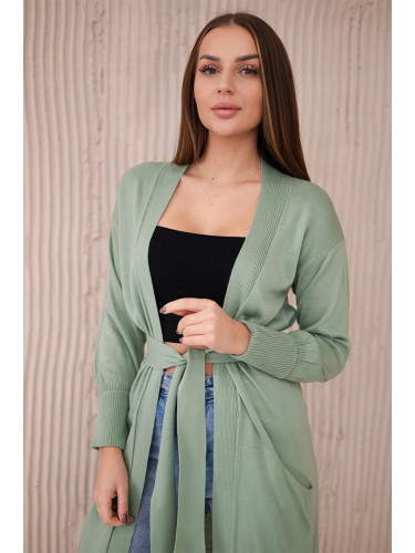 Long sweater with waist tie dark mint