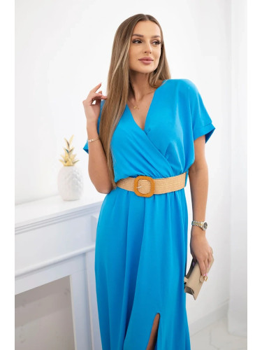 Long dress with decorative turquoise belt