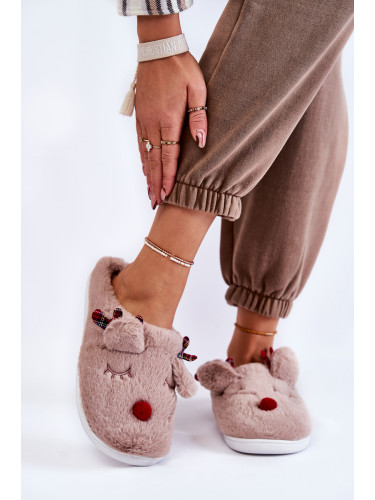 PG4 Дамски коледни кожени чехли с елени бежови Claire