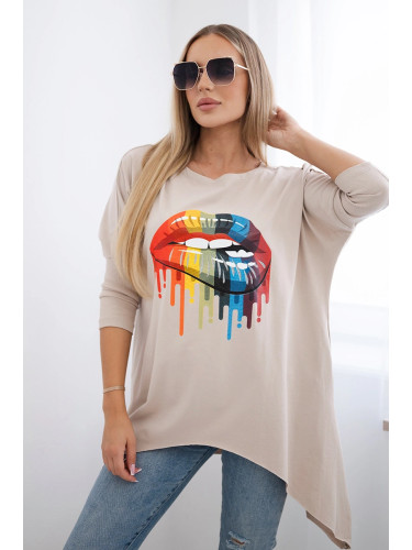 Oversize blouse with beige rainbow lip print