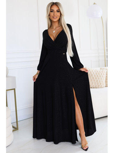 572-2 NELA Shiny Long Dress with Neckline and Long Sleeves - BLACK