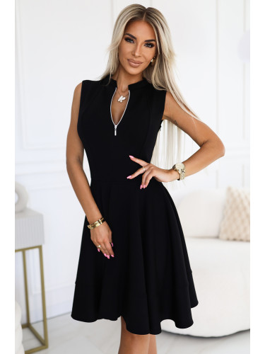 573-1 Flared Dress with Zipper Front - BLACK