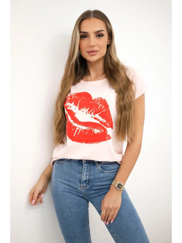 Blouse with lip print powder pink