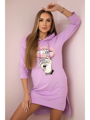 Dress with a longer back and a colorful purple print