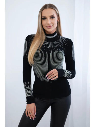 Knitted blouse with turtleneck and cubic zirconia motif black