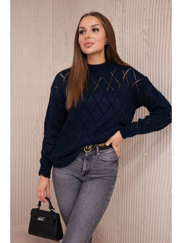 High-neckline sweater with diamond pattern navy blue