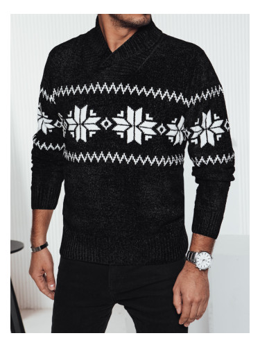 Мъжки черен пуловер с шарка на снежинка