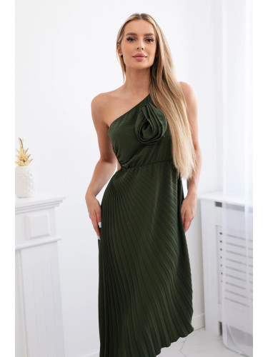 Women's pleated dress with flower - khaki