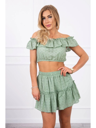 Embroidered set with dark mint blouse