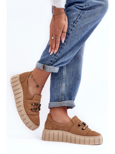 Lewski Shoes Дамски велурени обувки на платформа с декорация Тъмно бежови Lewski 3398