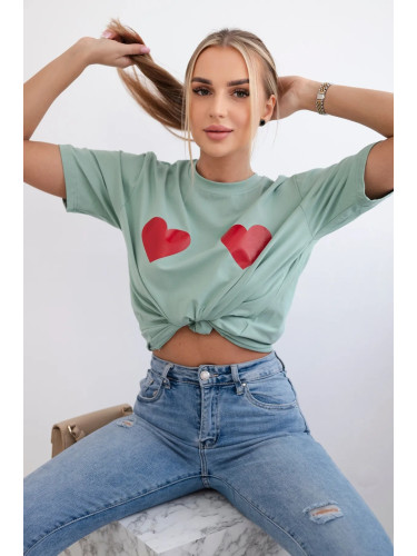 Cotton blouse with heart print dark mint
