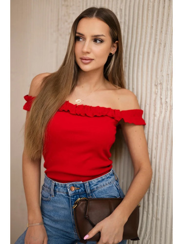 Red blouse with ruffles over the shoulder