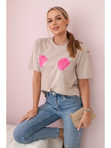 Cotton blouse with flower print beige color