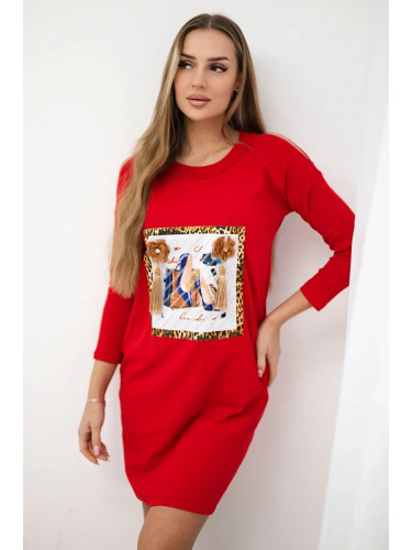 Dress with 3D graphics and decorative pom pom red