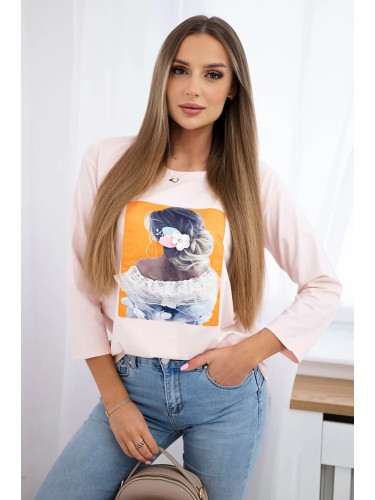 Blouse with 3D graphics, lace powder pink