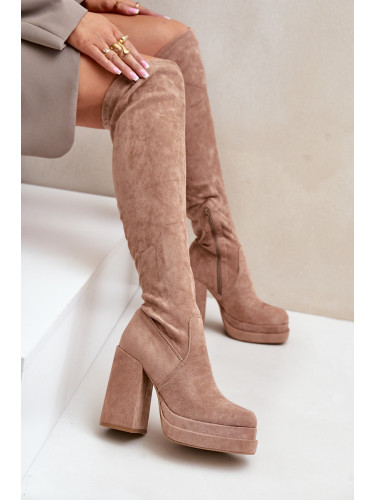 FI1 Ботуши С Чорап Над Коляното На Ток И Платформа Бежови Наделиан