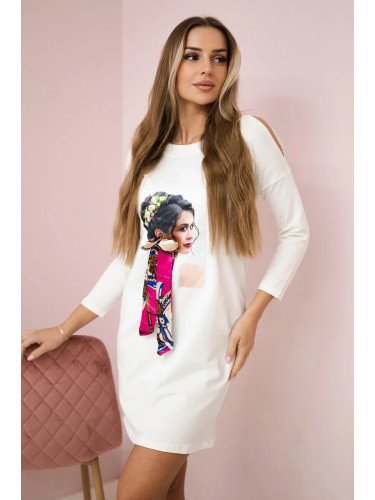 Dress with graphics and a colorful bow 3D ecru