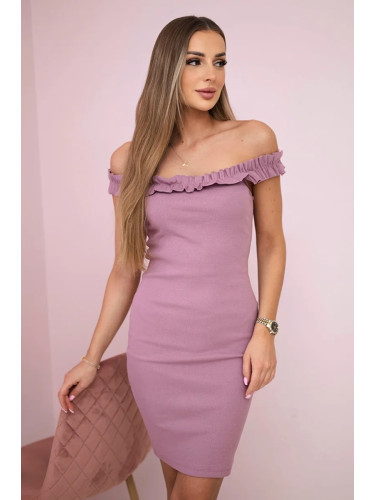 Shoulder dress with frills navy pink