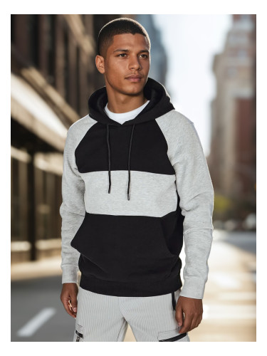 Мъжки суитшърт с качулка в сиво и черно на райета
