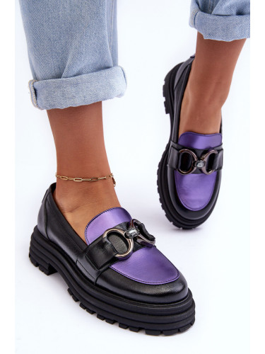 Laura Messi Дамски кожени мокасини на плосък ток черно-лилаво Elkiza