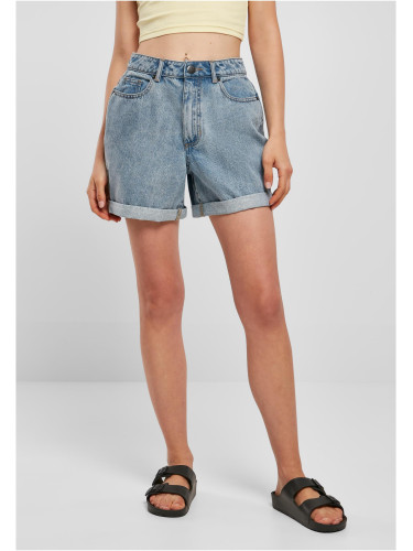 Women's boys' shorts with a high waist, tinted in light blue, washed