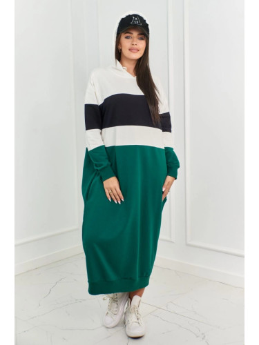 Three-color hooded dress ecru + black + dark green