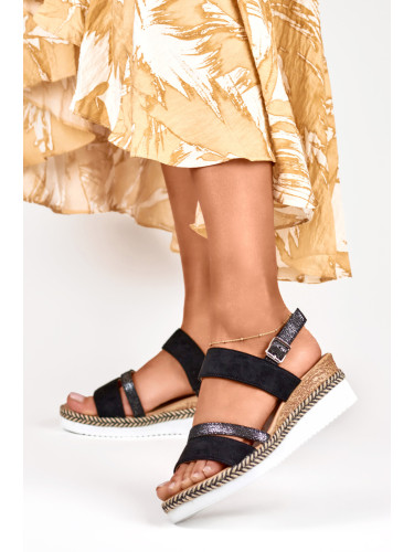 primohurt Czarne sandały damskie na niskiej koturnie